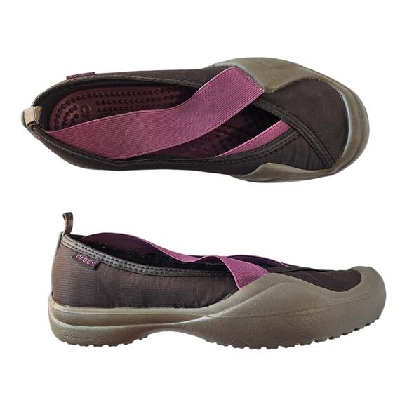 CROCS Women's 7 Molly Flats Shoes Walnut Expresso & Magenta Slip On Flats - Picture 1 of 9